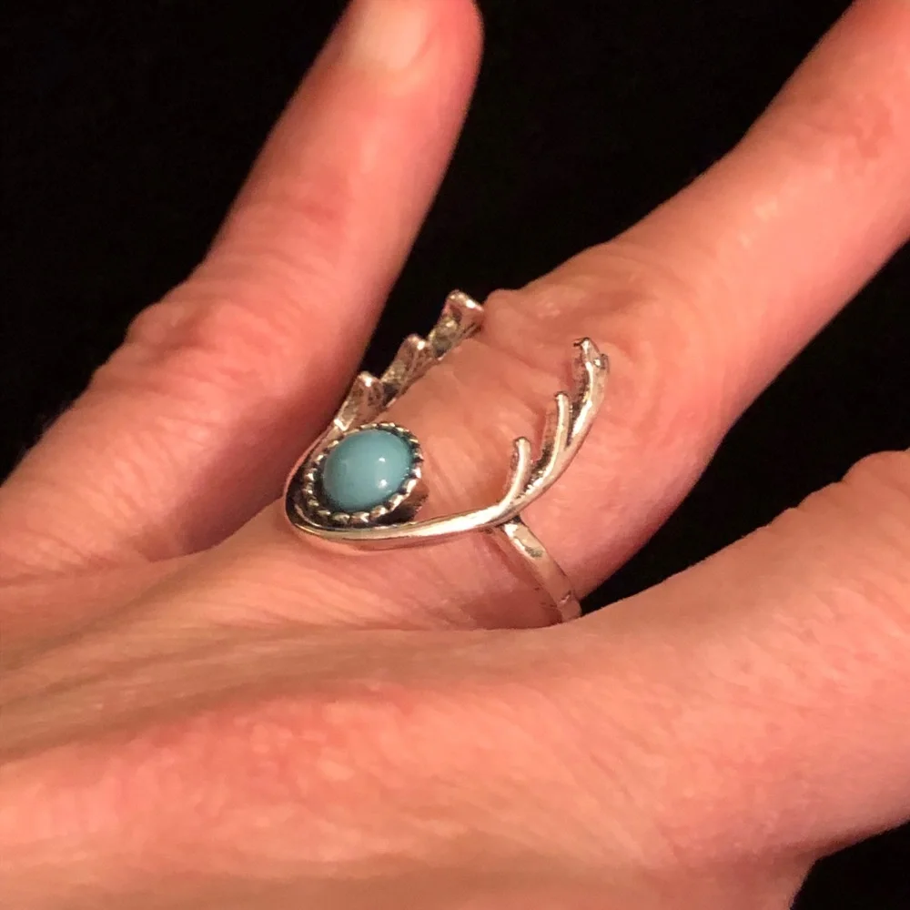 Silver Tone Deer Antler Turquoise Ring